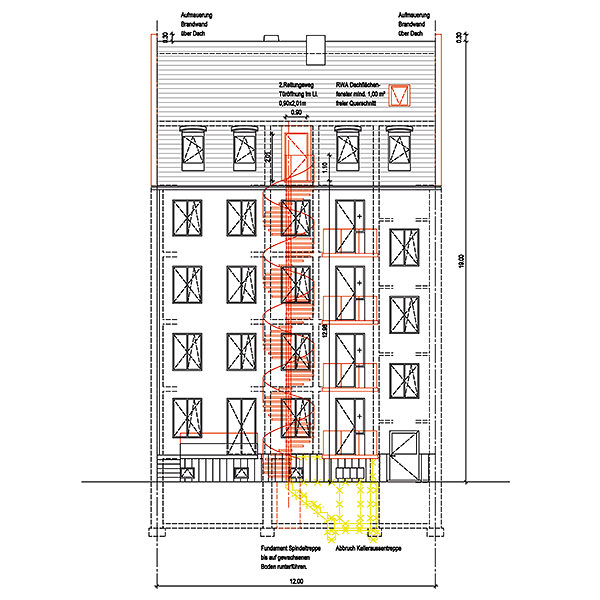 Architekturzeichnung, Ansicht einer Fassade mit nachträglich angebrachter Fluchttreppe