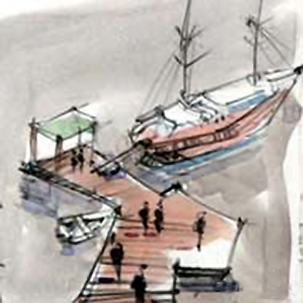Aquarellzeichnung von einem Bootssteg mit Segelboot von oben gesehen